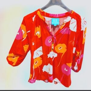 Escapada Sz Small Orange Pink Poppy’s Floral 3/4 Sleeves Rayon Blouse T32